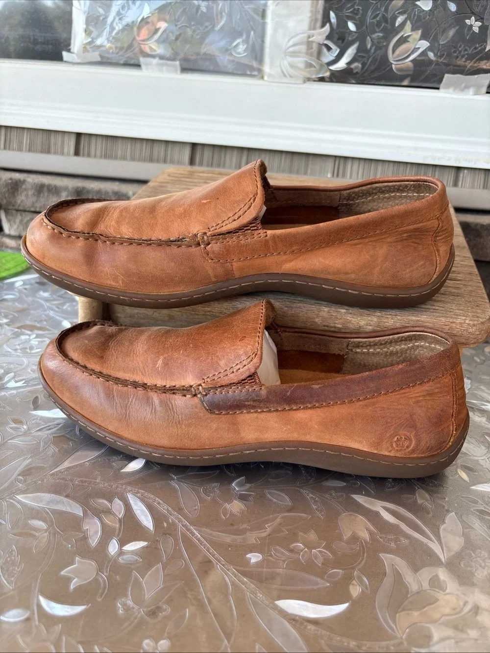 Born Men's 9 Distressed Leather Slip-On Loafers in Cognac Brown